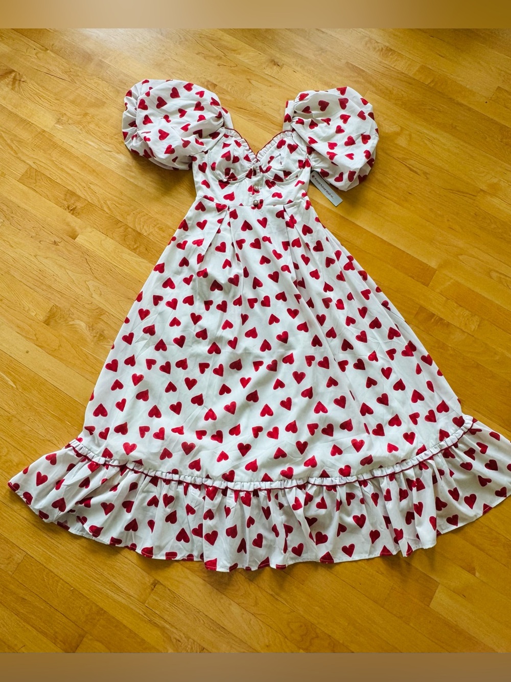 Sister Jane White Dress with Red Heart Print and Puff Sleeves